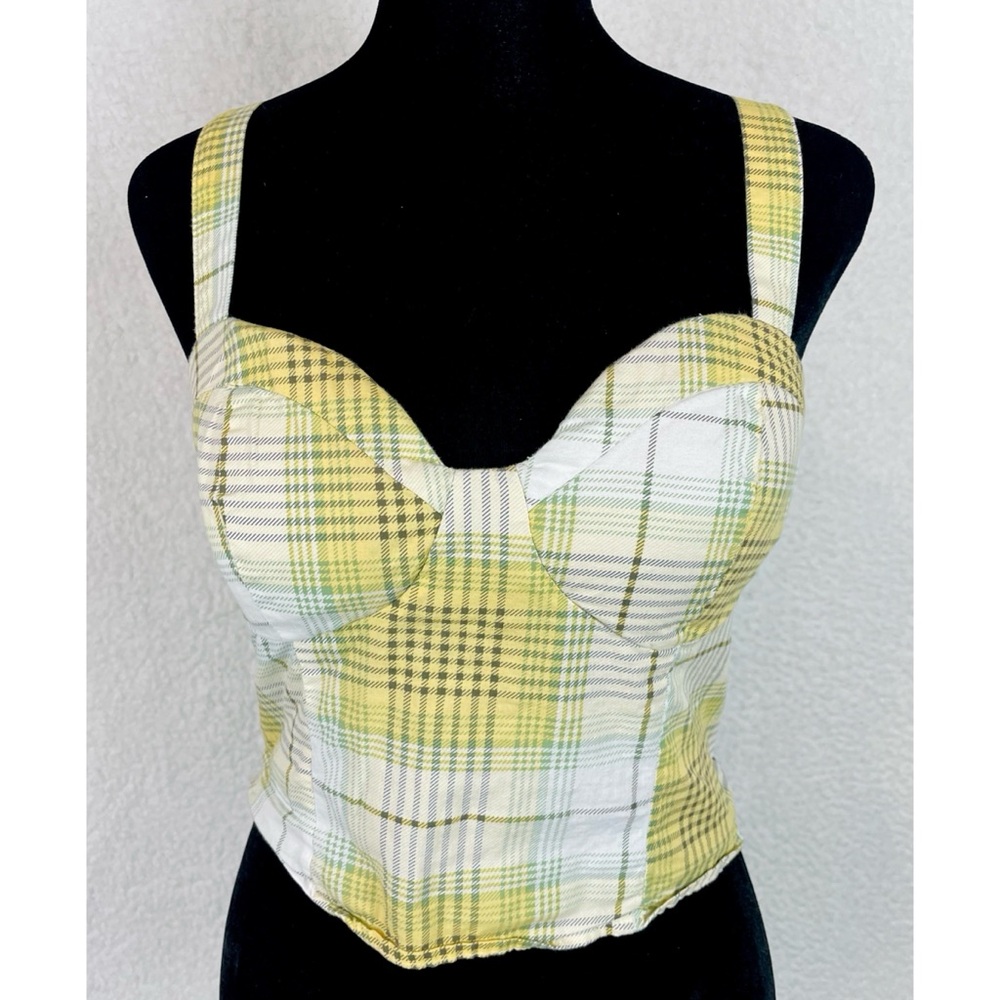 TWINE & STRING • Yellow/Green/White/Brown Plaid Bustier Smocked Crop Top, L - Picture 3 of 16